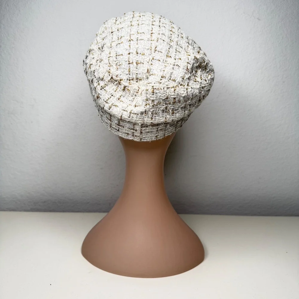 Unbranded Newsboy Cap Women Ivory Gold Tweed Chain Baker Boy Hat One Size
